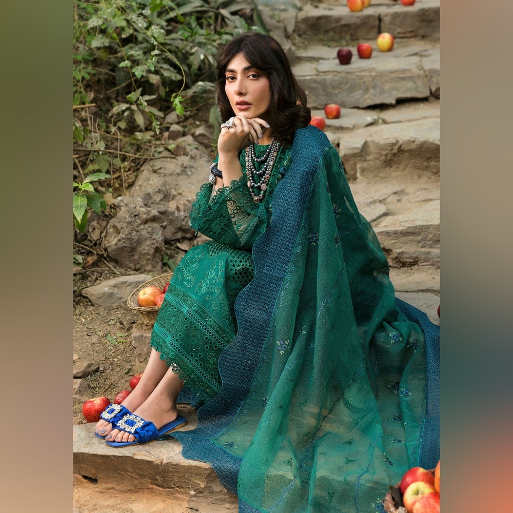 Elegant Green and Blue Embroidered Dress - Picture 2 of 5